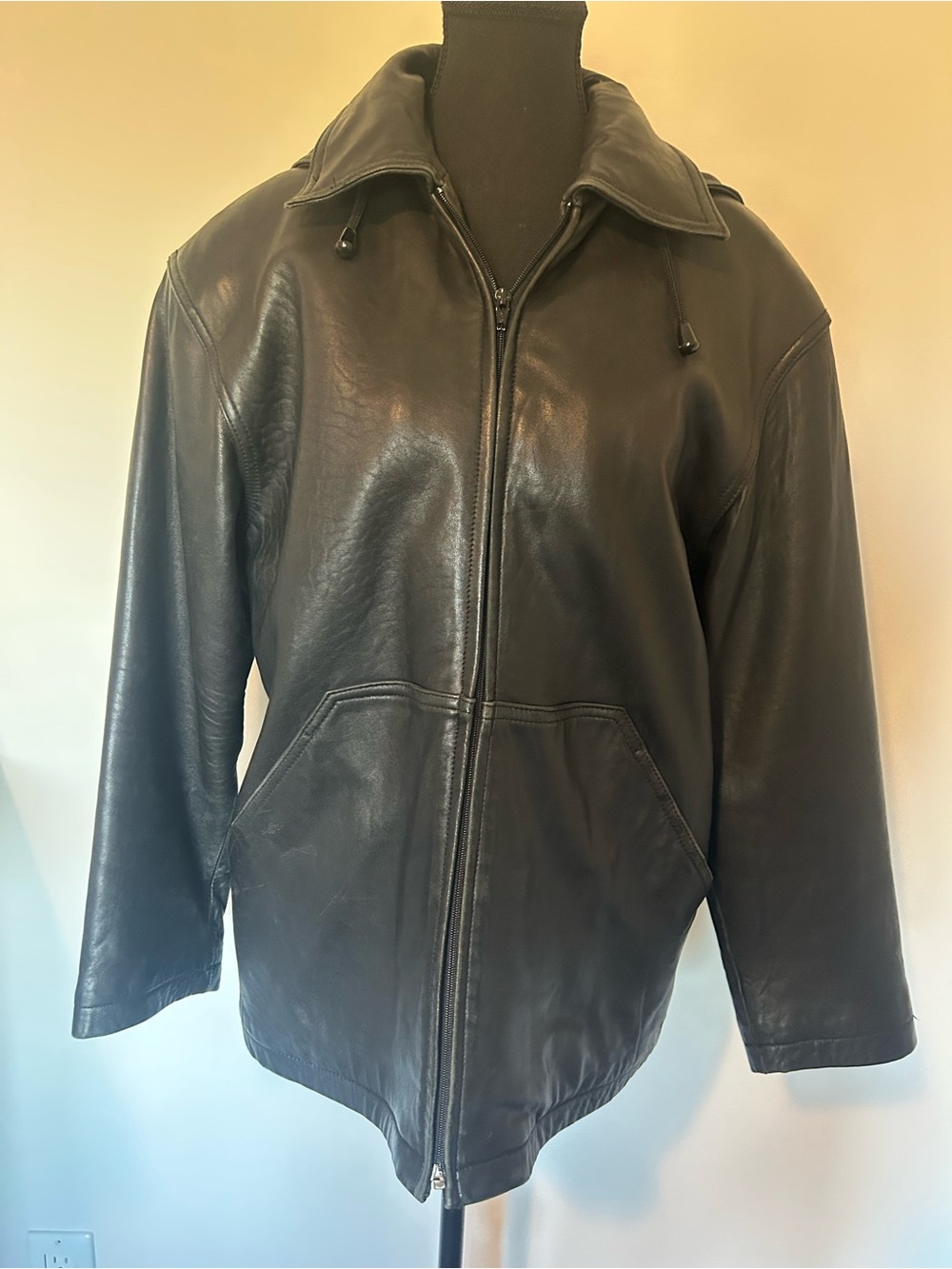 Danier Vintage Black 100% Leather Hooded Zip Jacket